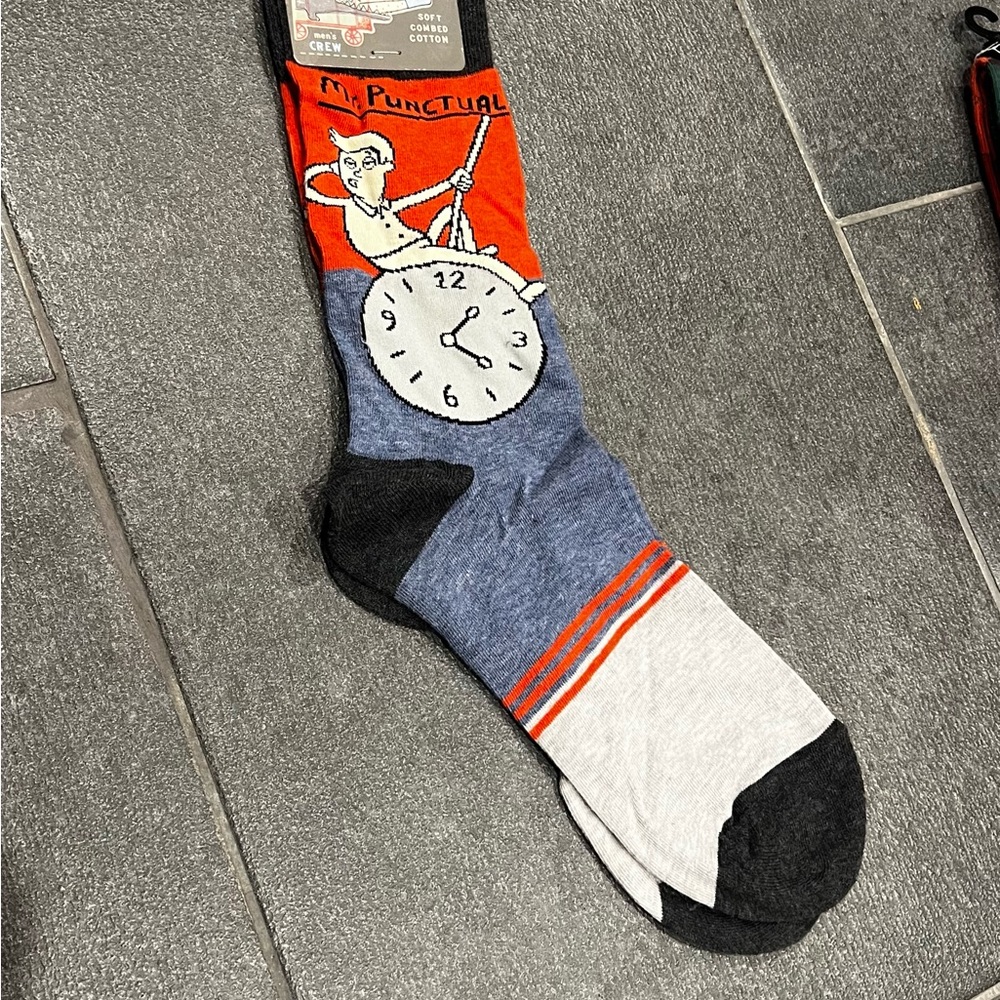 Blue Q Funny Mr. Punctual Graphic Socks - Blue, Orange, Black